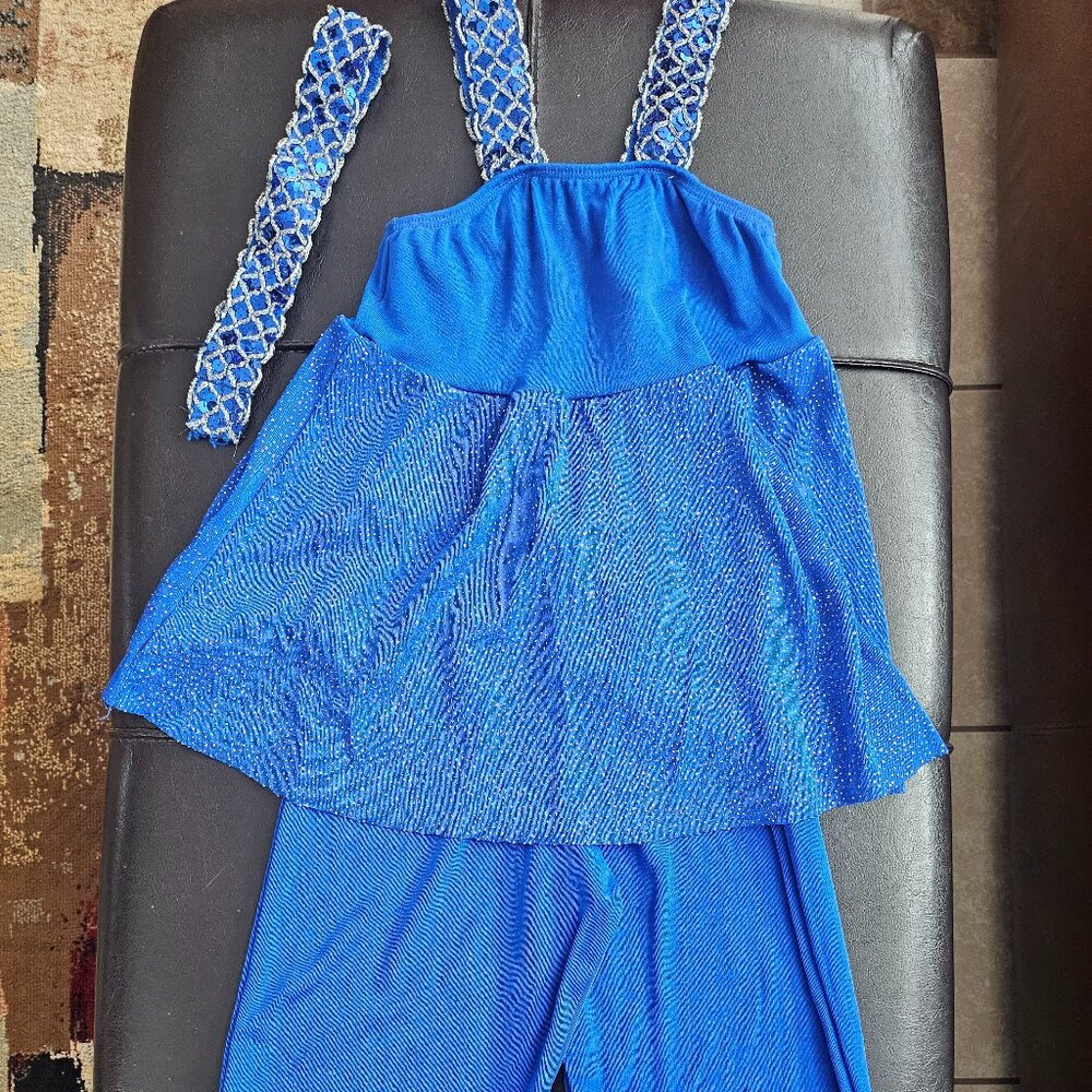 Dansco 3-piece Cerulean Blue w/ Pink and Silver Sparkles Girl/Teen Dance Costume